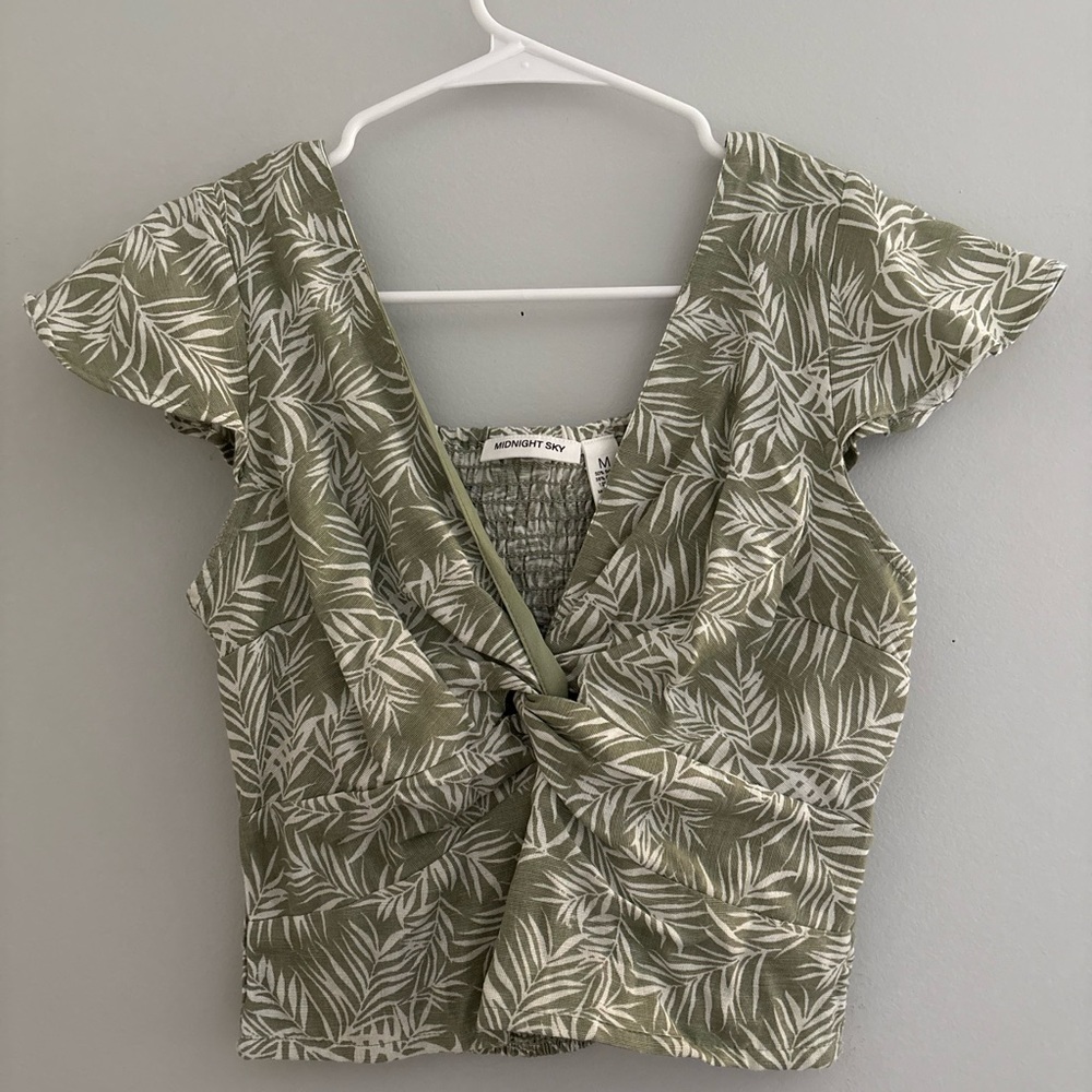 Green Wrap Blouse with Flutter Sleeves and Tie Front